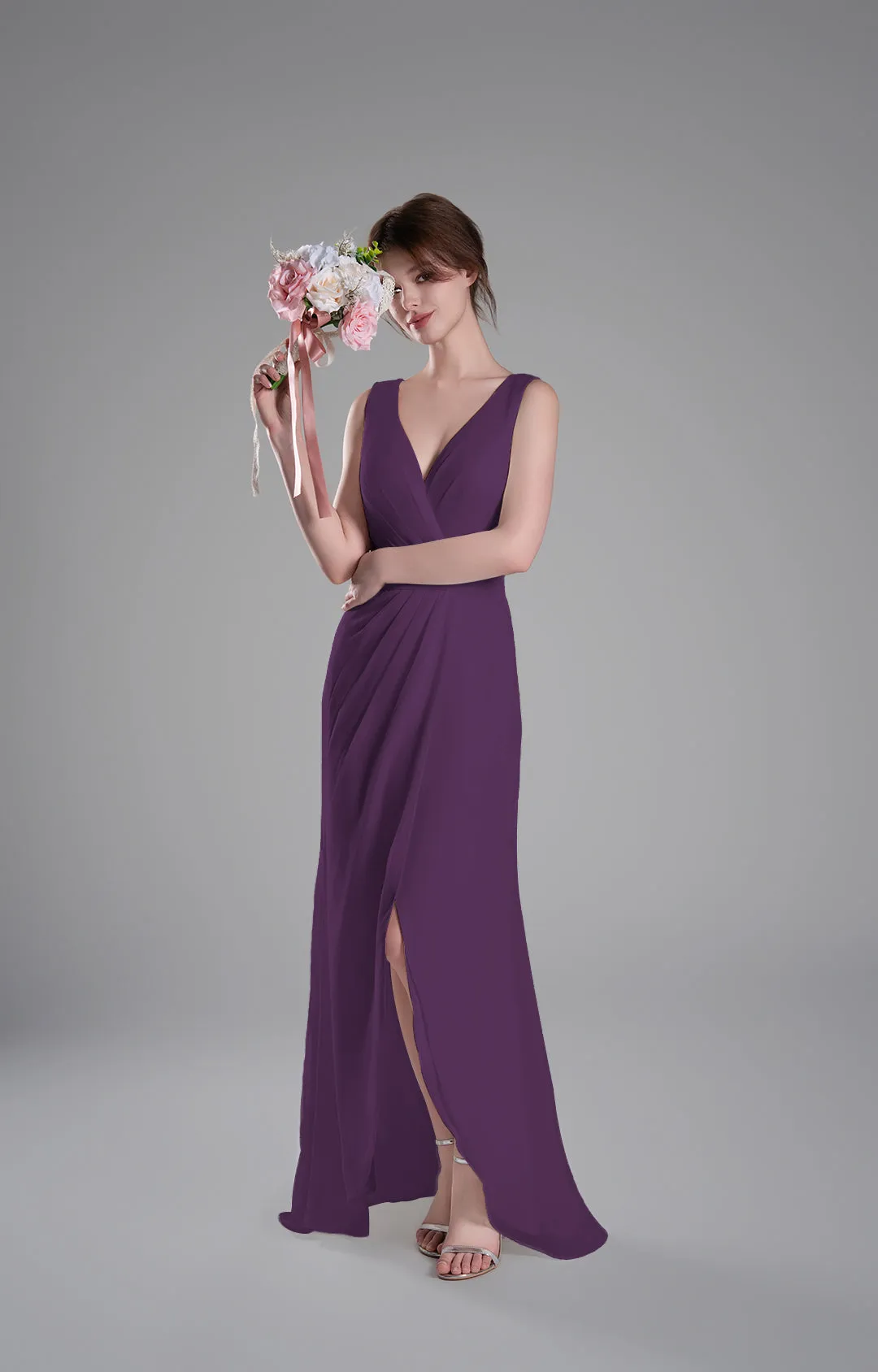 V-Neck Crossover Bodice Pleated Front Slit Dresses