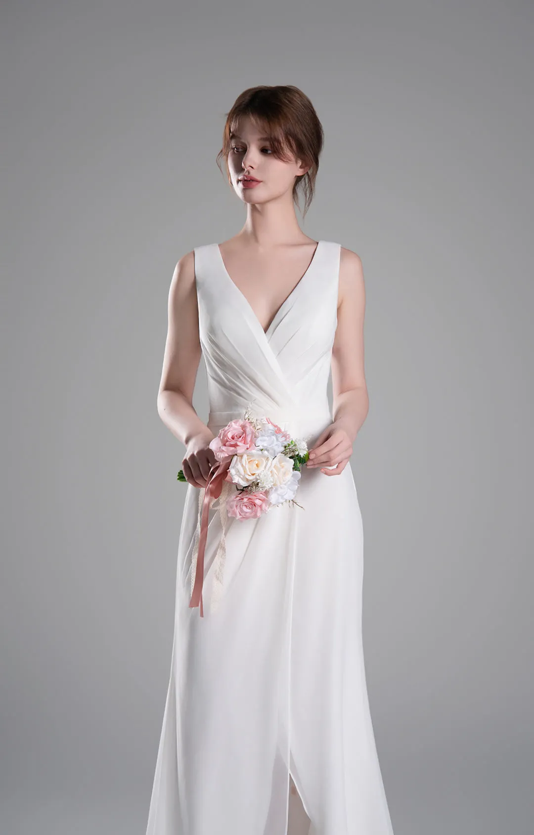 V-Neck Crossover Bodice Pleated Front Slit Dresses
