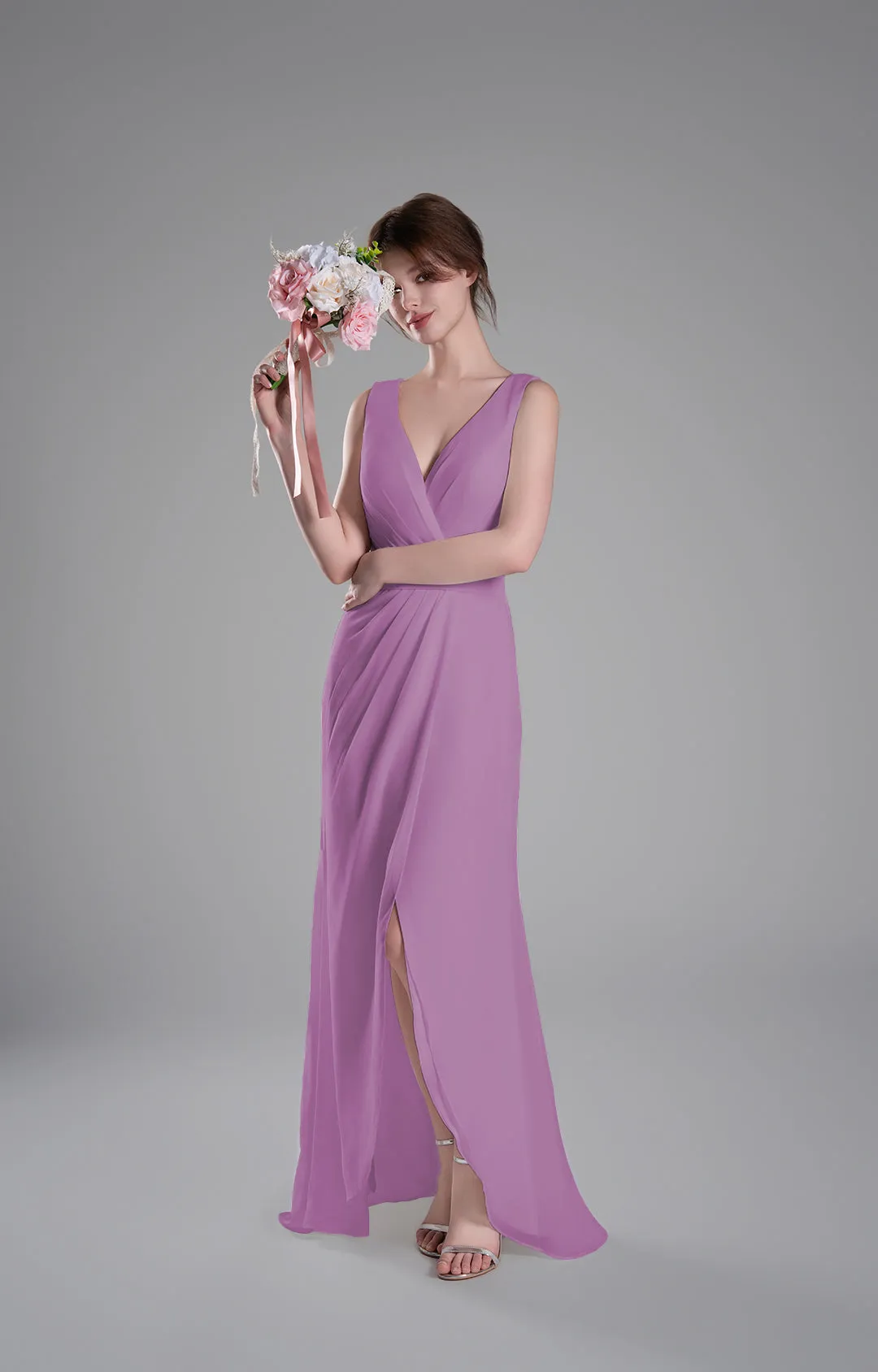 V-Neck Crossover Bodice Pleated Front Slit Dresses
