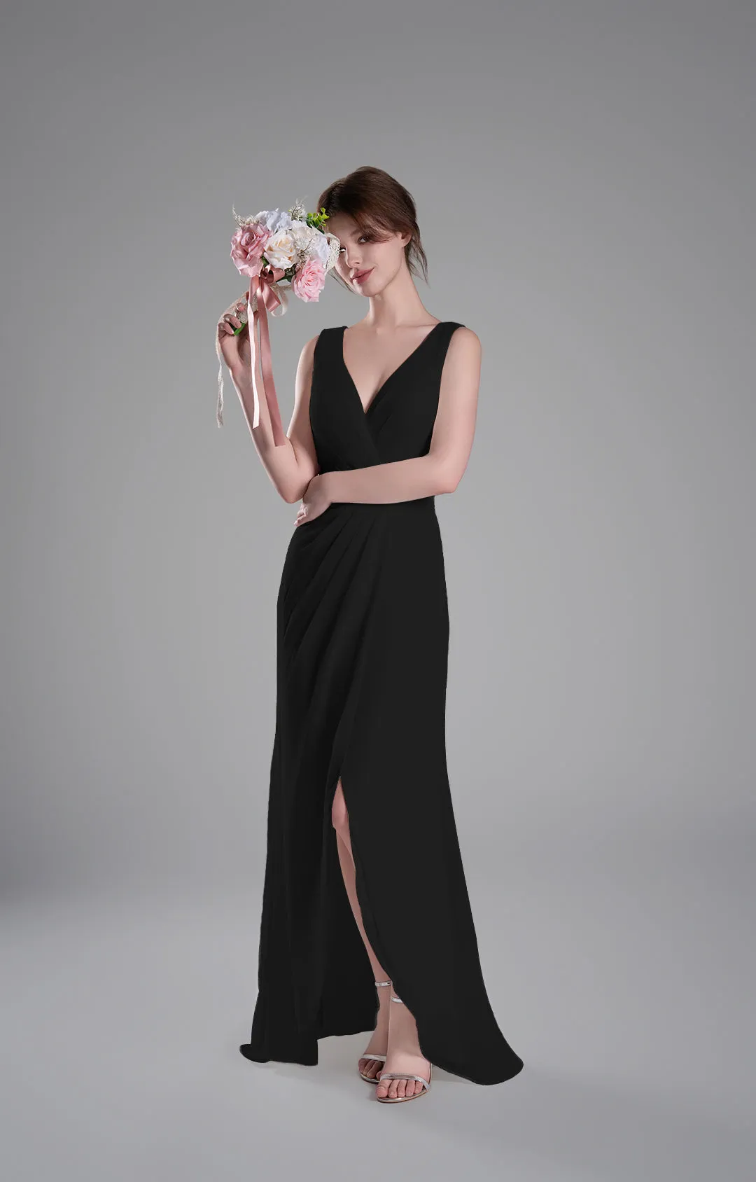 V-Neck Crossover Bodice Pleated Front Slit Dresses