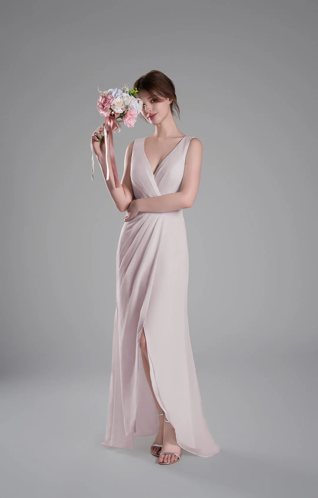 V-Neck Crossover Bodice Pleated Front Slit Dresses