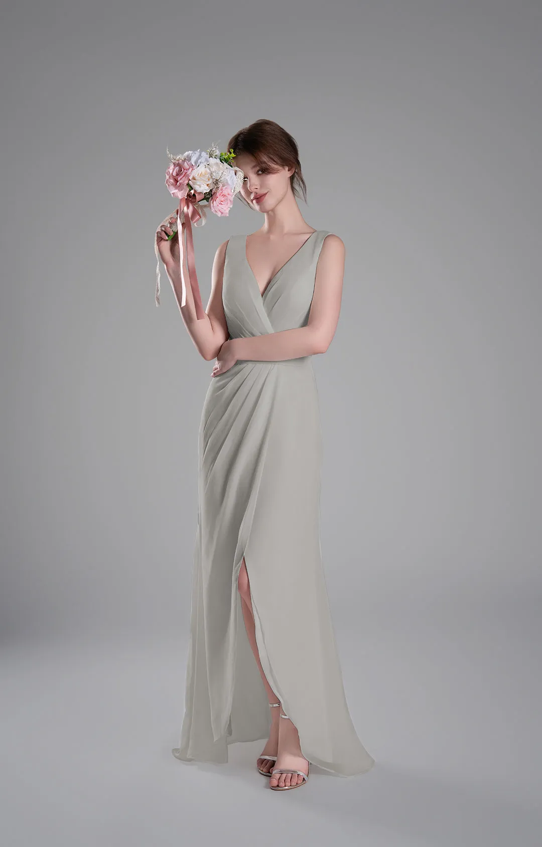 V-Neck Crossover Bodice Pleated Front Slit Dresses
