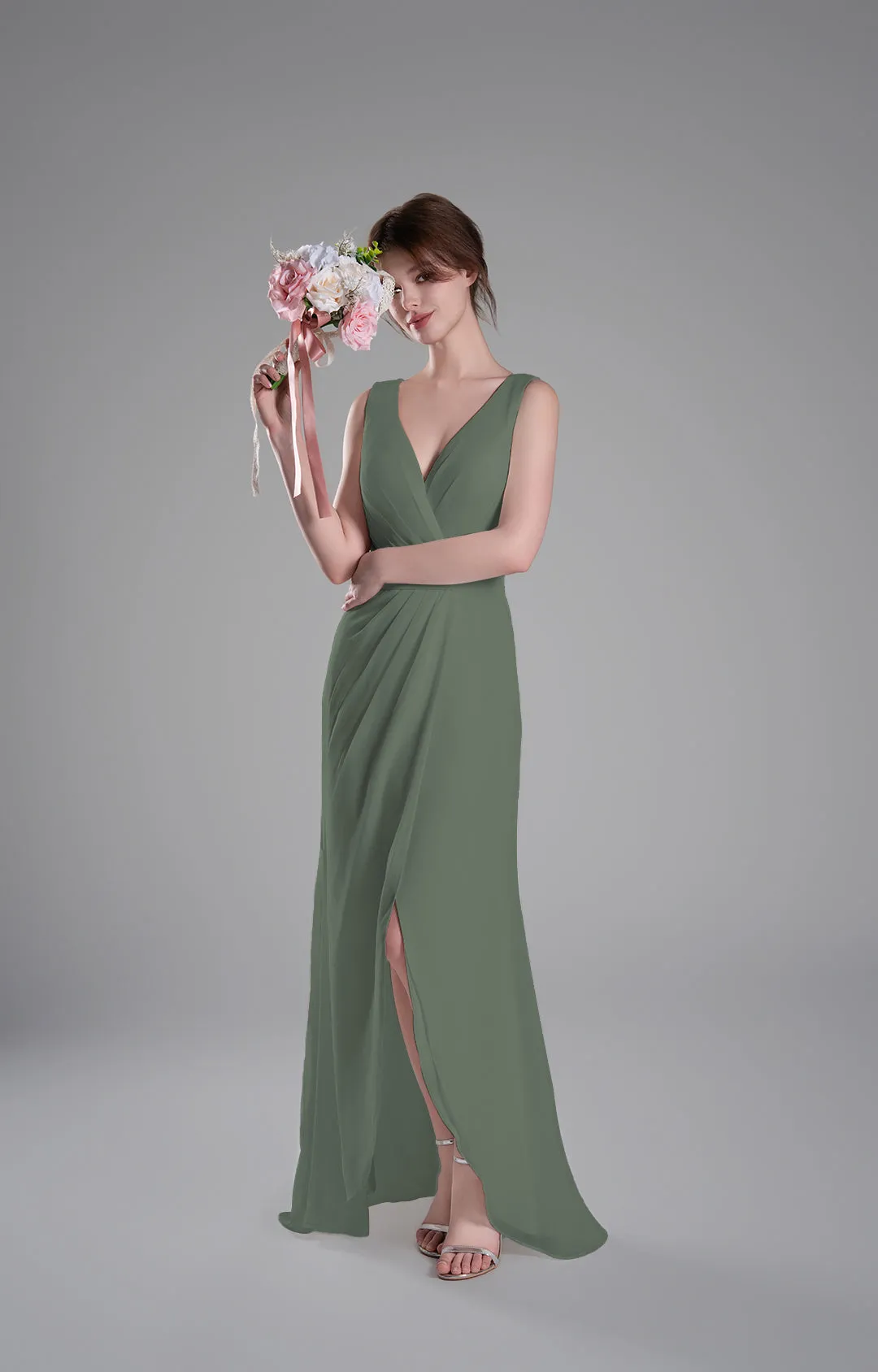 V-Neck Crossover Bodice Pleated Front Slit Dresses