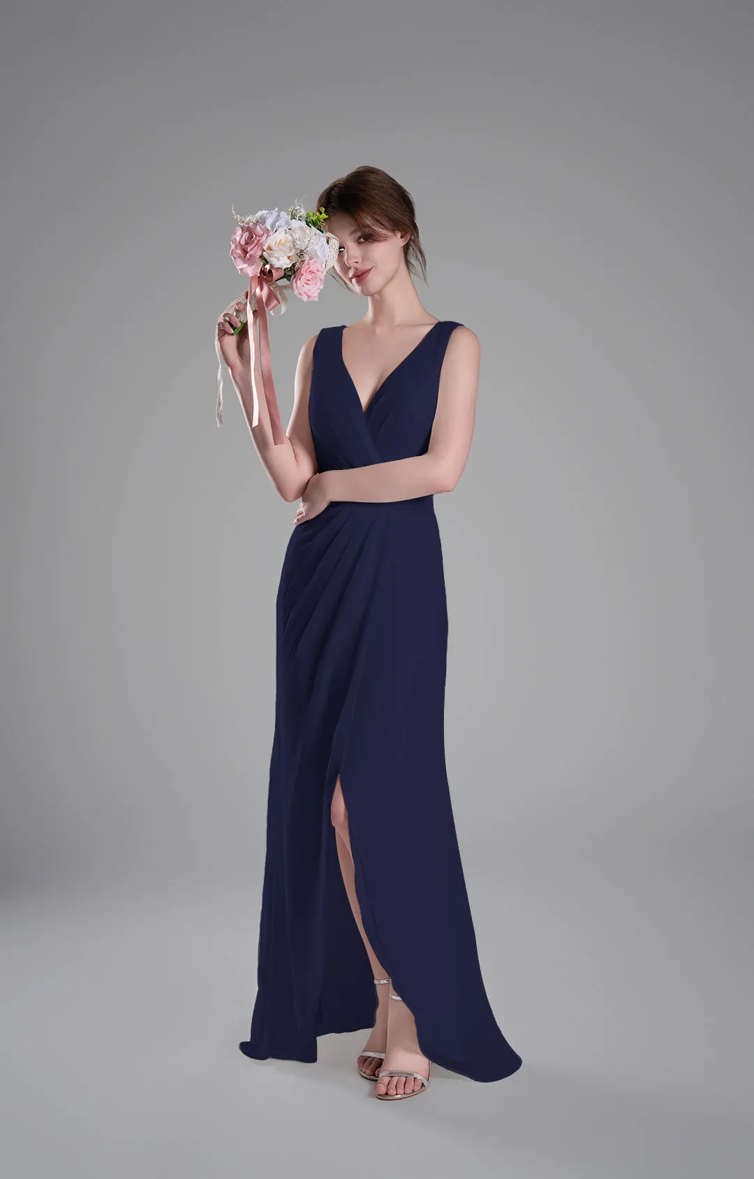 V-Neck Crossover Bodice Pleated Front Slit Dresses