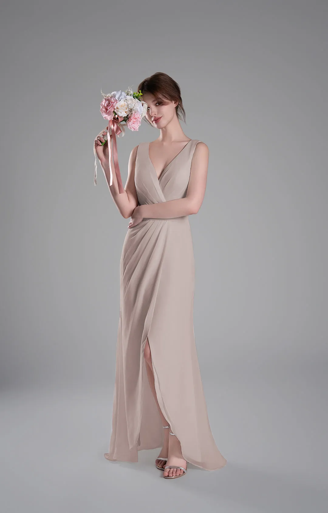 V-Neck Crossover Bodice Pleated Front Slit Dresses