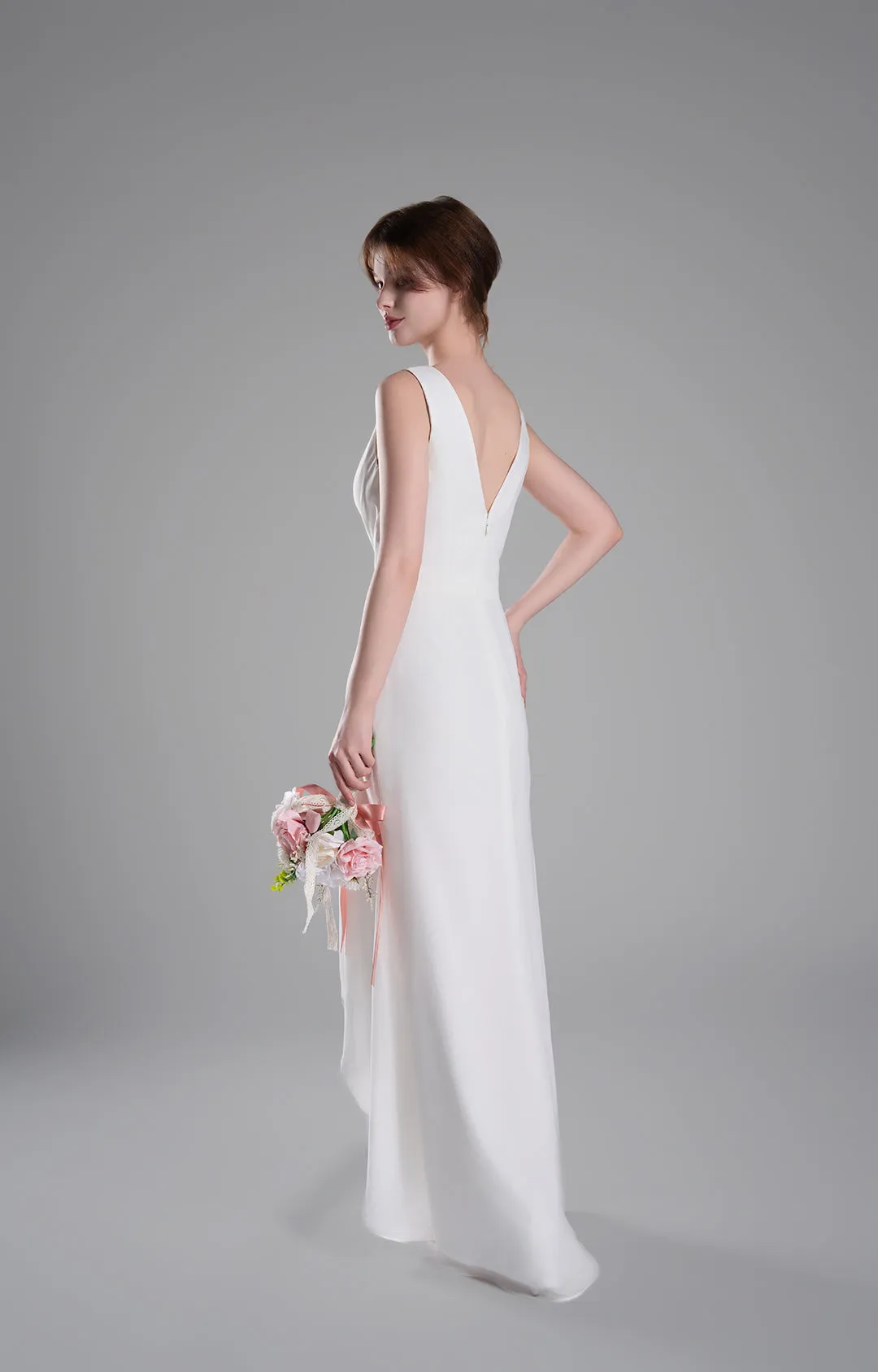 V-Neck Crossover Bodice Pleated Front Slit Dresses