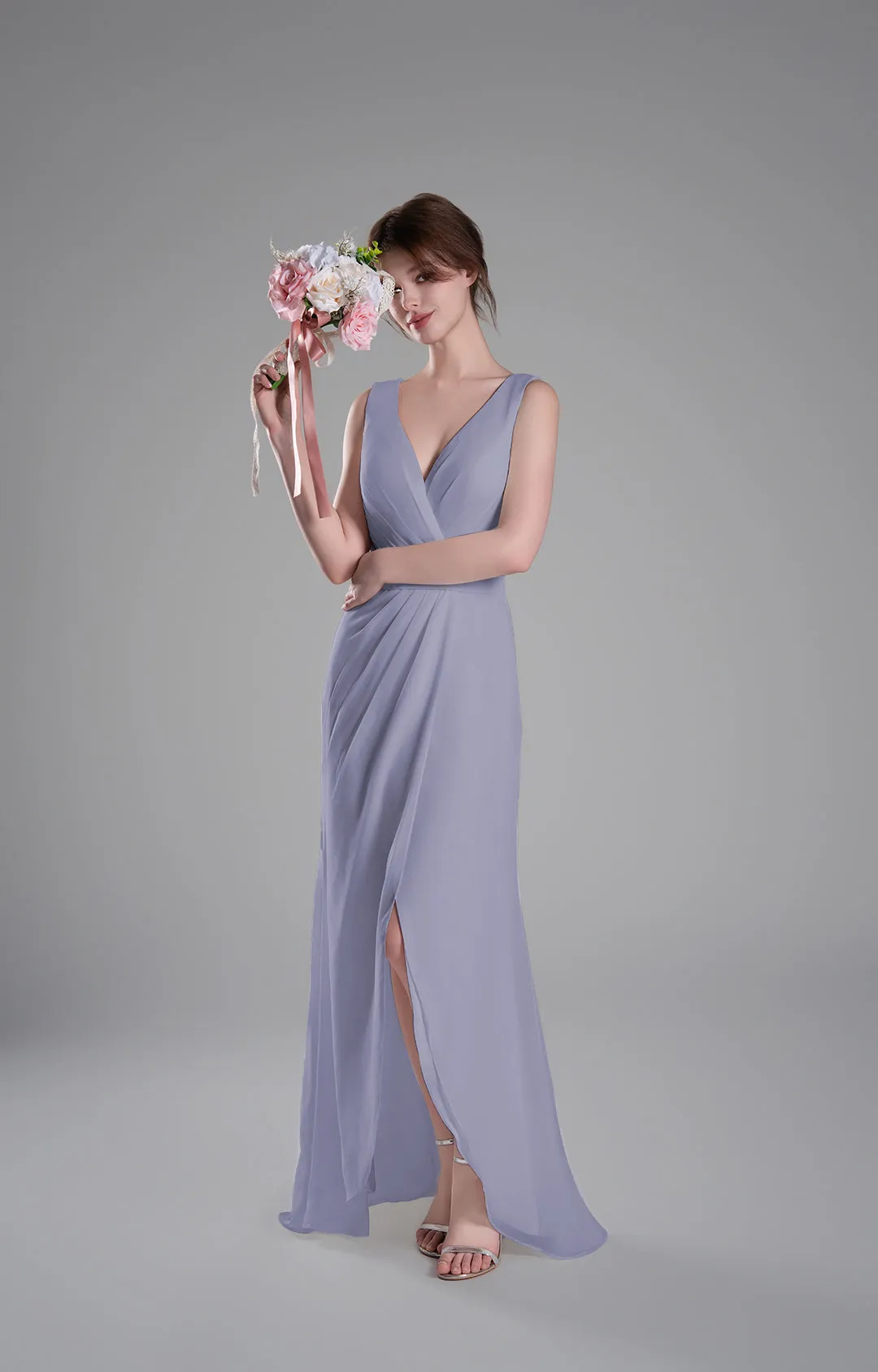 V-Neck Crossover Bodice Pleated Front Slit Dresses