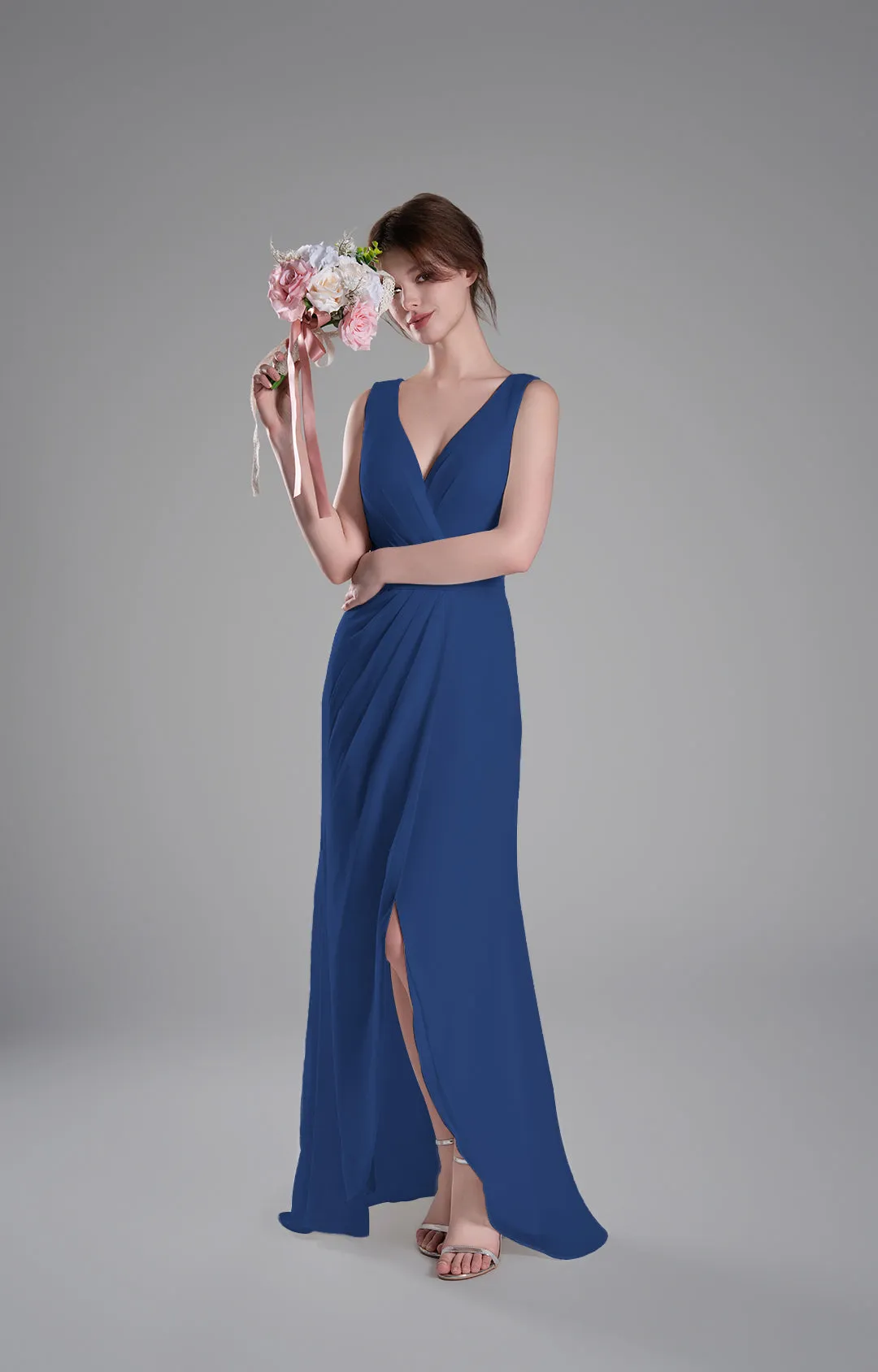 V-Neck Crossover Bodice Pleated Front Slit Dresses