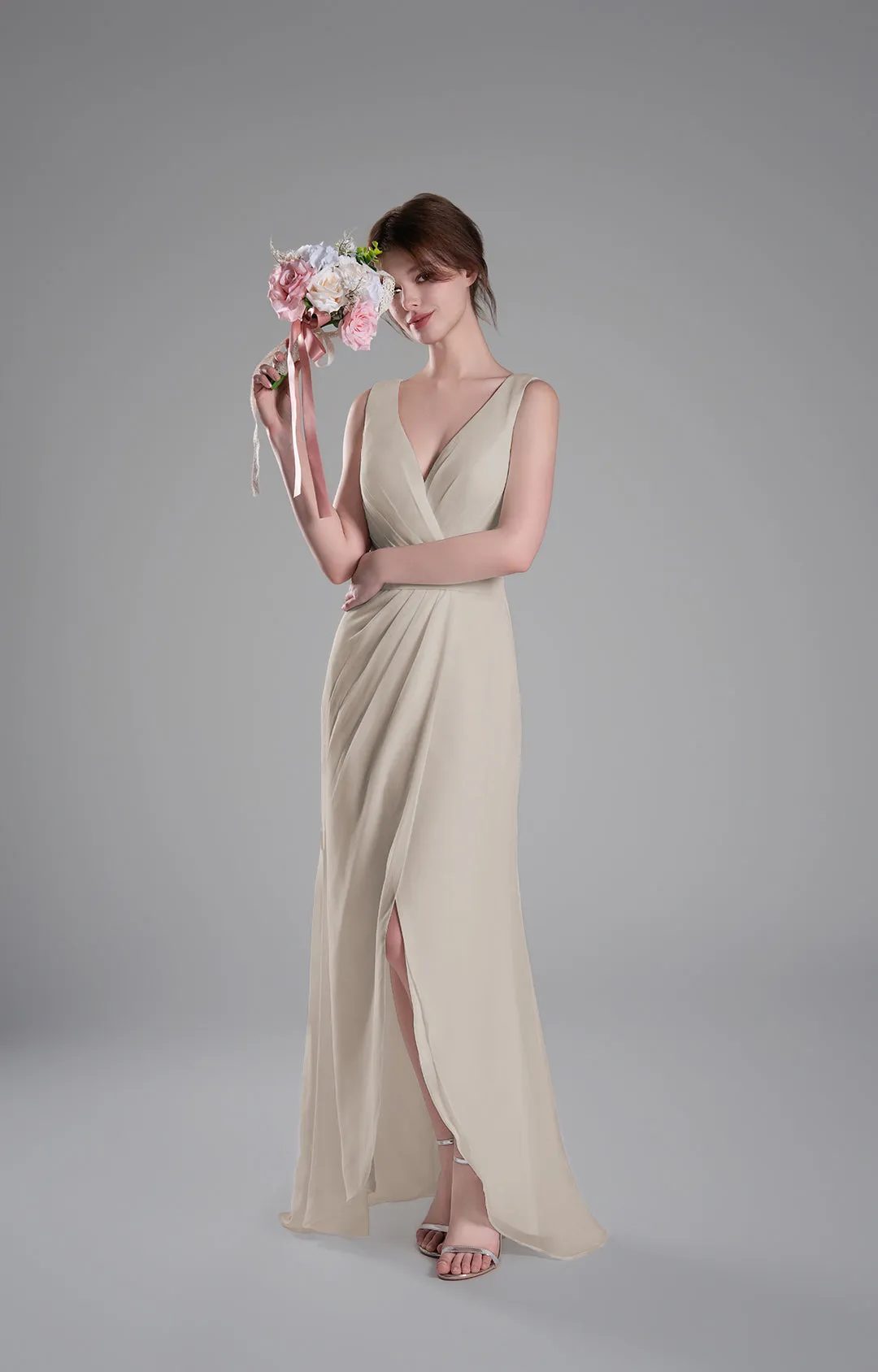 V-Neck Crossover Bodice Pleated Front Slit Dresses
