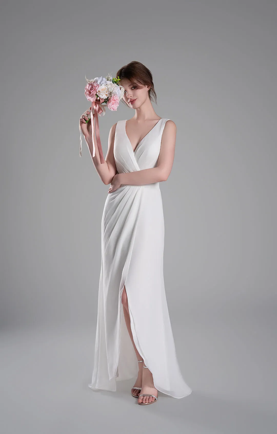 V-Neck Crossover Bodice Pleated Front Slit Dresses