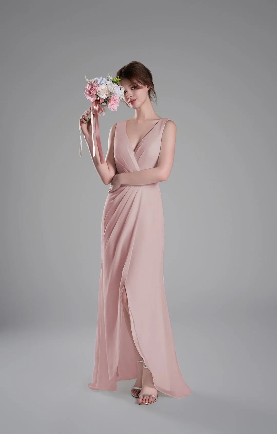 V-Neck Crossover Bodice Pleated Front Slit Dresses