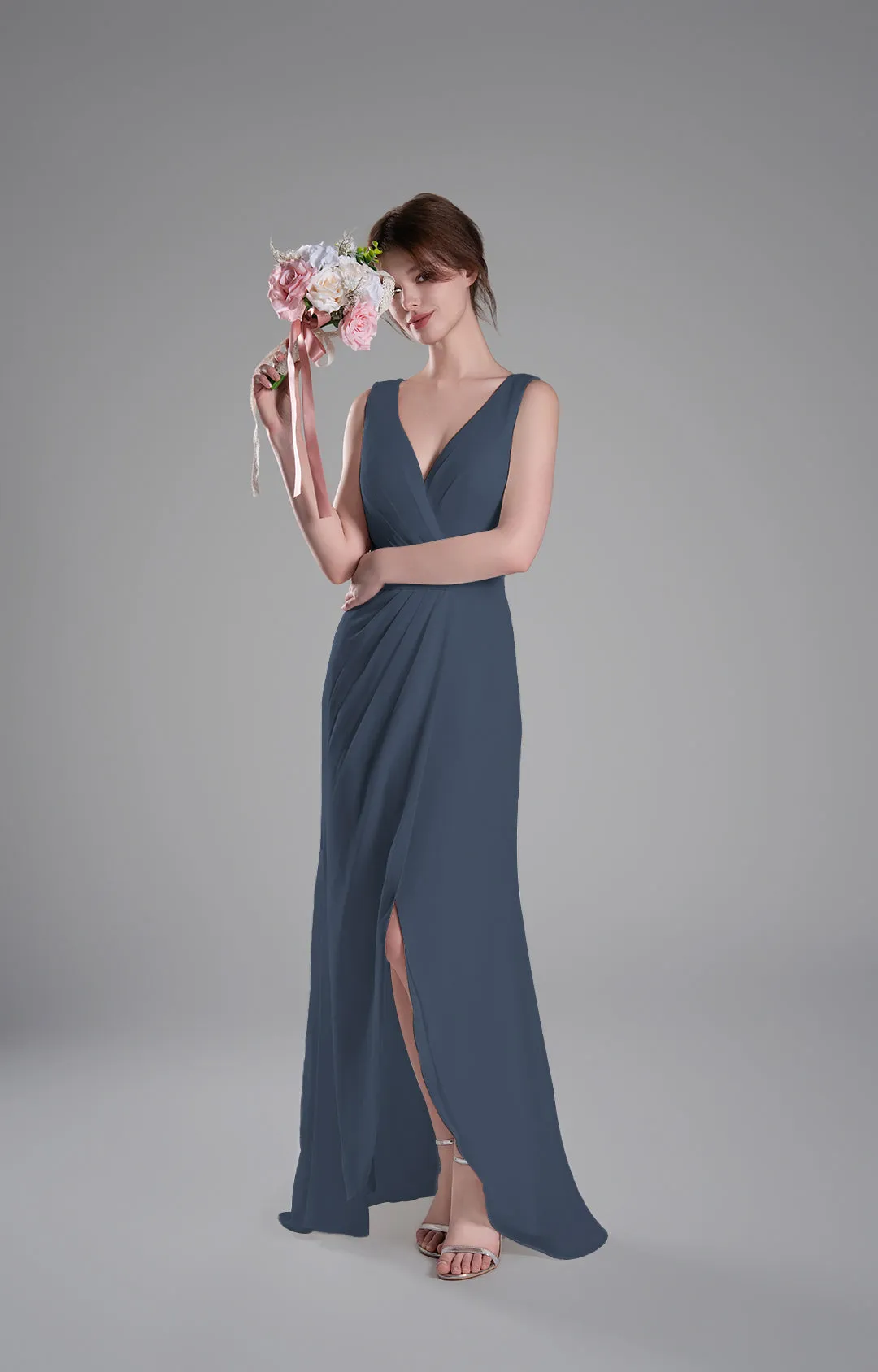 V-Neck Crossover Bodice Pleated Front Slit Dresses