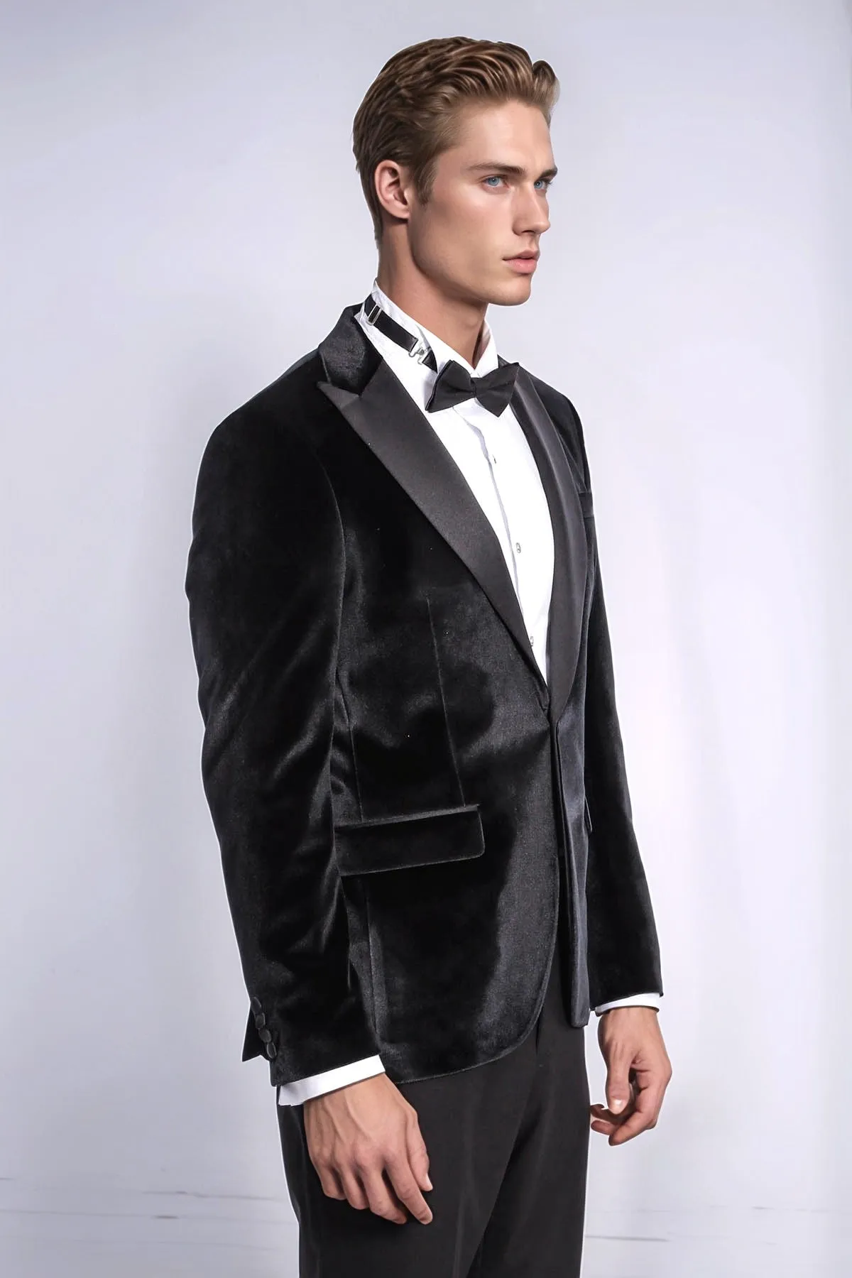 Velvet Slim Fit Black Men Tuxedo Jacket - Wessi