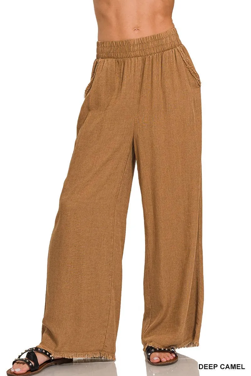 Washed Linen Frayed Hem Pants