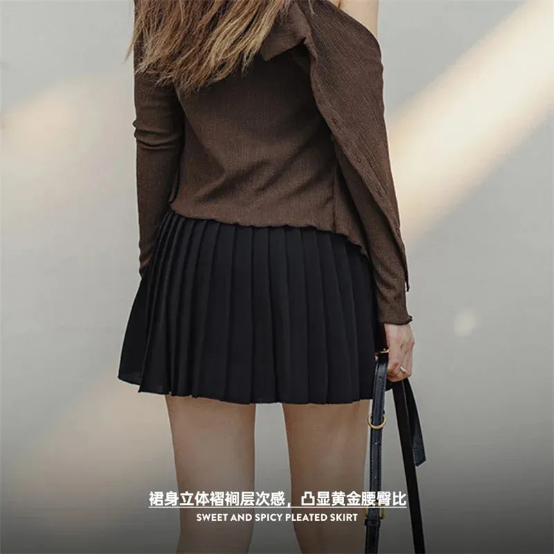 Women Pleated Skirt Mid Waist A-line Short Skirt with Lining Versatile Half-body Dress Black Pleated Skirts Elastic Waist
