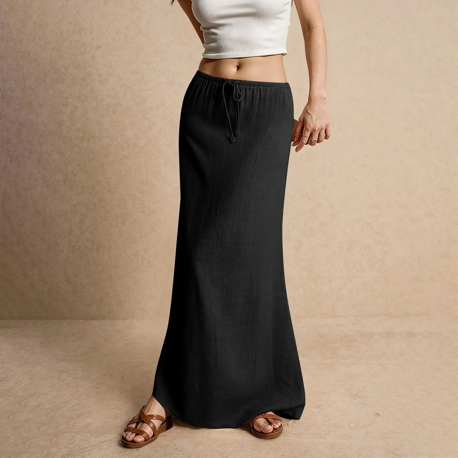 Womens Linen Maxi Skirt Drawstring Low Rise Long Skirts Solid Lightweight Summer Casual Cover Up Beach A Line Skirts