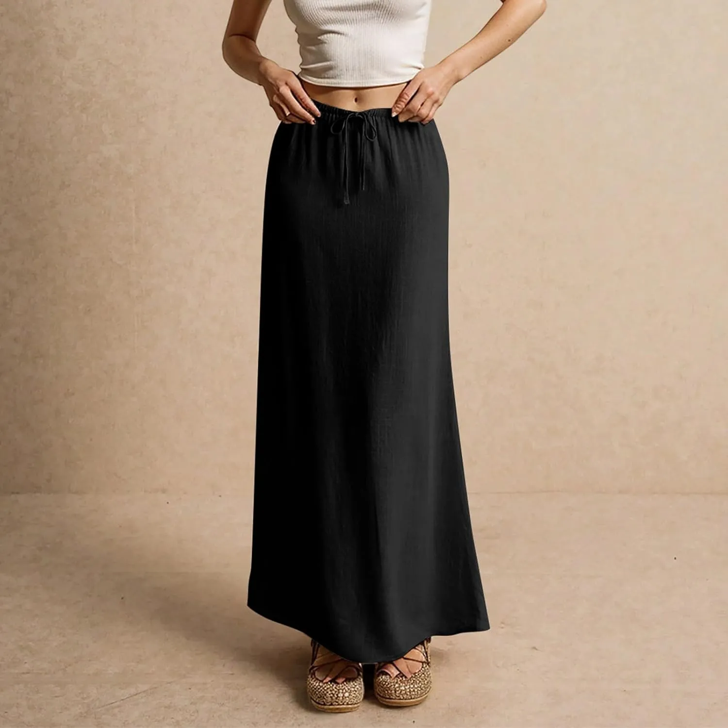 Womens Linen Maxi Skirt Drawstring Low Rise Long Skirts Solid Lightweight Summer Casual Cover Up Beach A Line Skirts