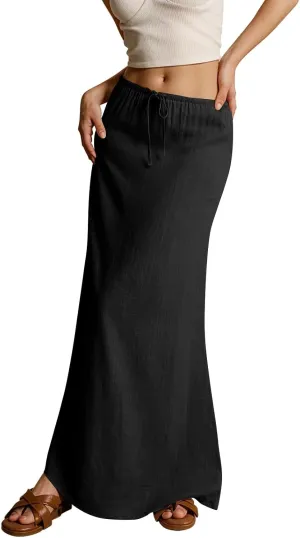 Womens Linen Maxi Skirt Drawstring Low Rise Long Skirts Solid Lightweight Summer Casual Cover Up Beach A Line Skirts