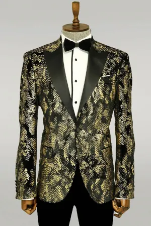 WSS Peak Lapel Slim Fit Gold Patterned Black Men Prom Blazer - Singen