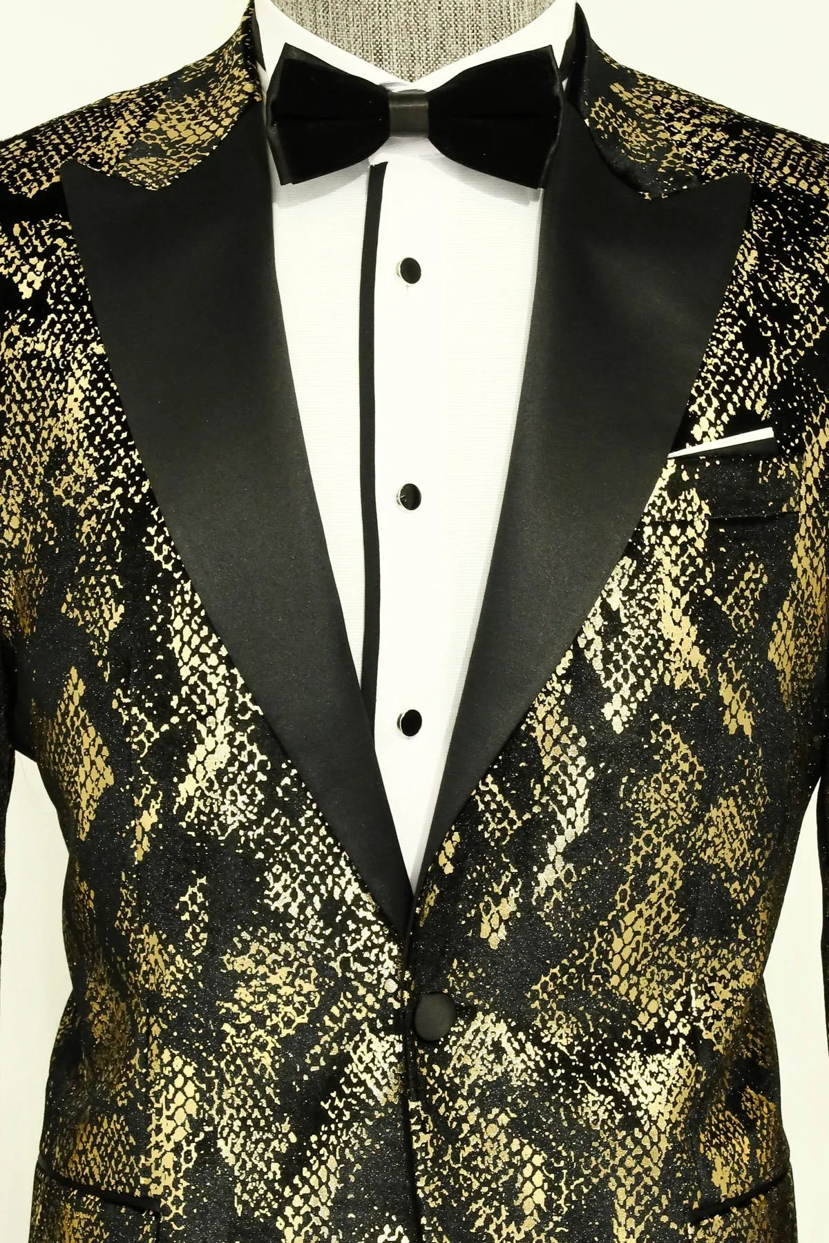 WSS Peak Lapel Slim Fit Gold Patterned Black Men Prom Blazer - Singen