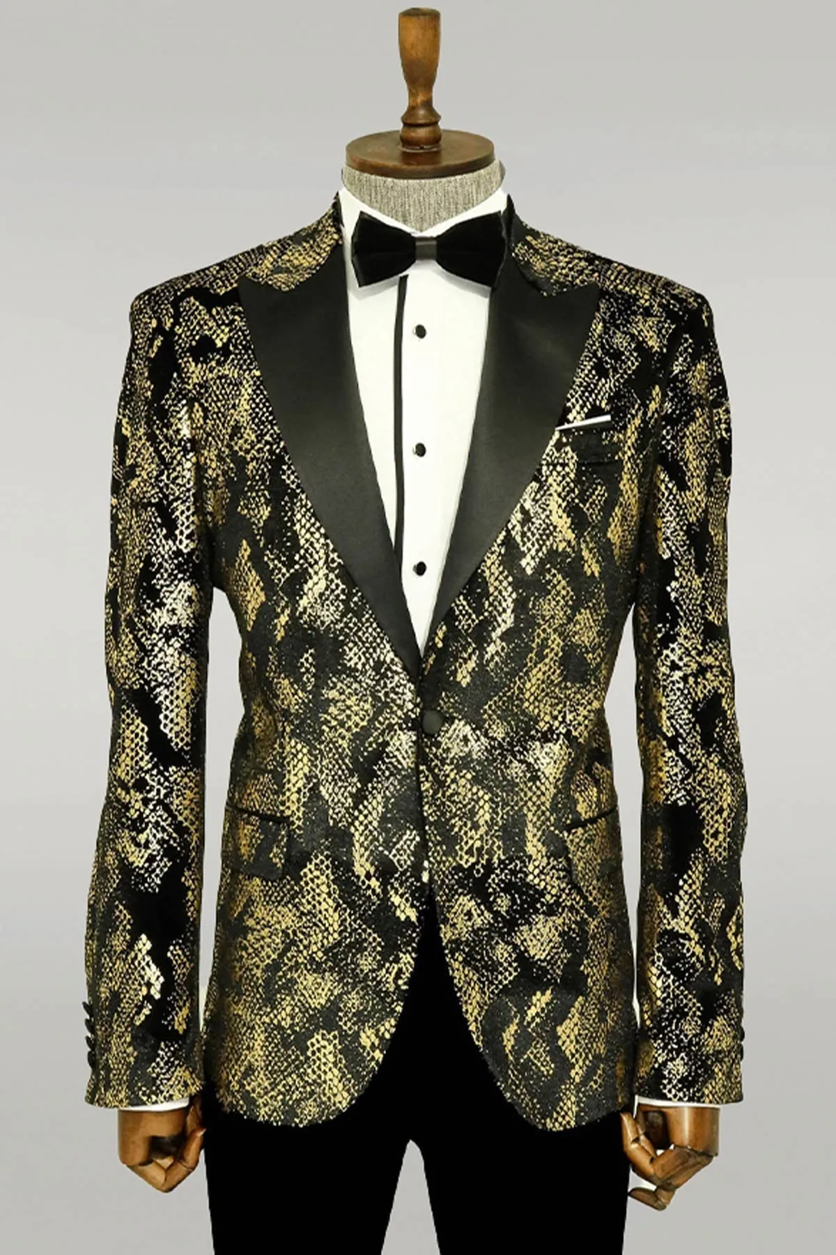 WSS Peak Lapel Slim Fit Gold Patterned Black Men Prom Blazer - Singen