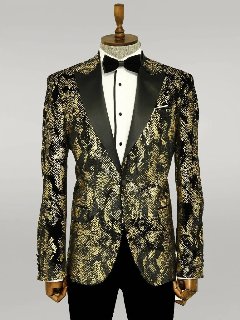 WSS Peak Lapel Slim Fit Gold Patterned Black Men Prom Blazer - Singen