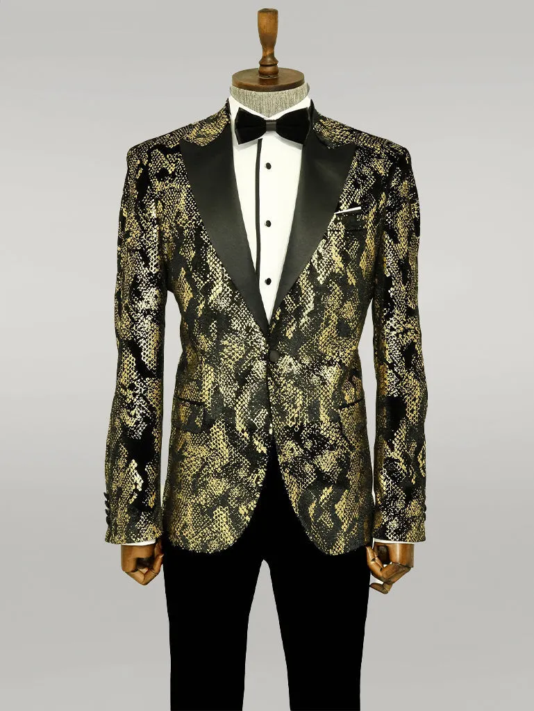 WSS Peak Lapel Slim Fit Gold Patterned Black Men Prom Blazer - Singen