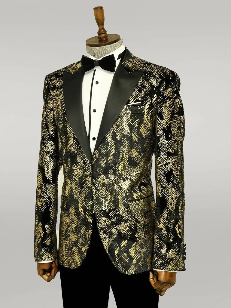 WSS Peak Lapel Slim Fit Gold Patterned Black Men Prom Blazer - Singen