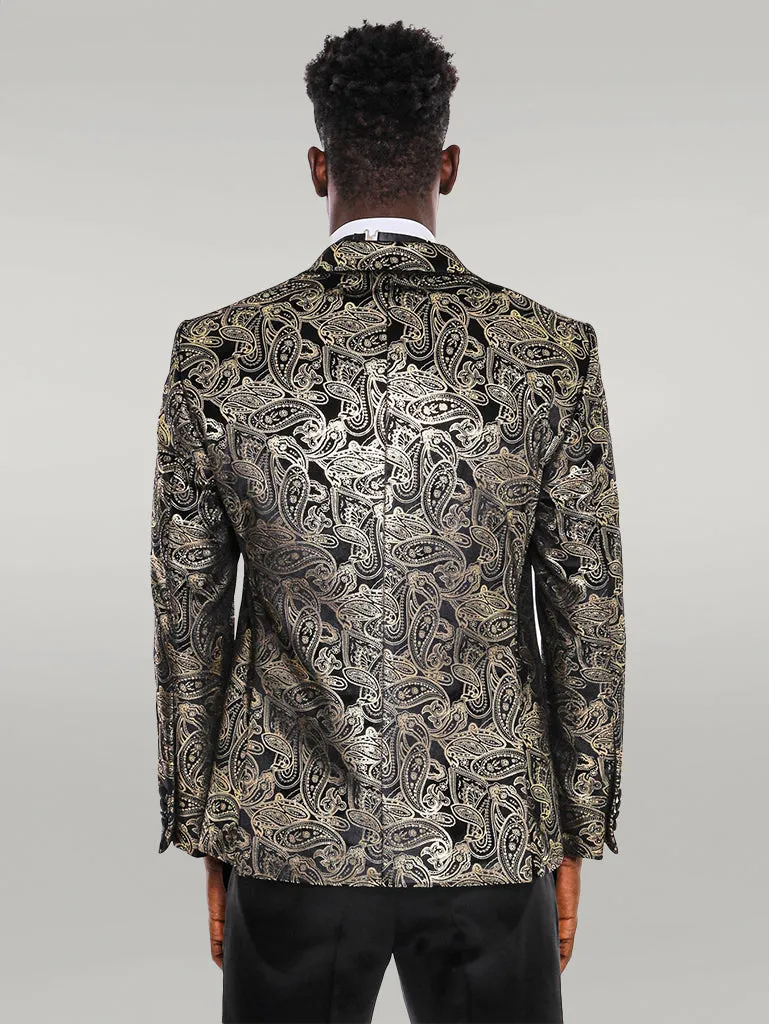 WSS Slim Fit Gold Paisley Patterned Black Men Tuxedo Blazer  - Singen