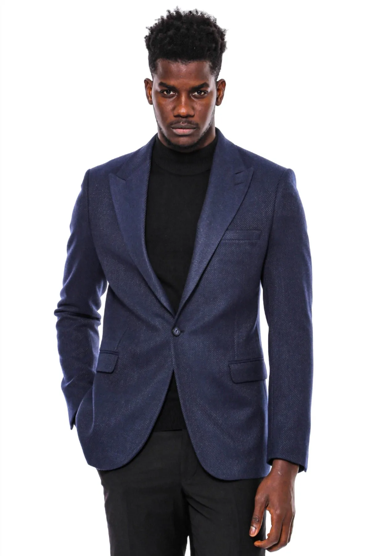 WSS Slim Fit Patterned Dark Blue Men Blazer  - Singen